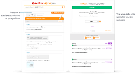 Step-by-step solutions for finding discontinuities and unlimited Wolfram Problem Generator continuity practice problems