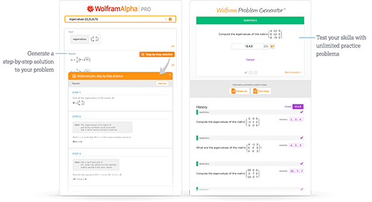 Step-by-step solutions for eigenvalues with informative hints and unlimited Wolfram Problem Generator eigenvalue practice problems