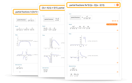 Partial fractions results with plots, alternate forms and answers